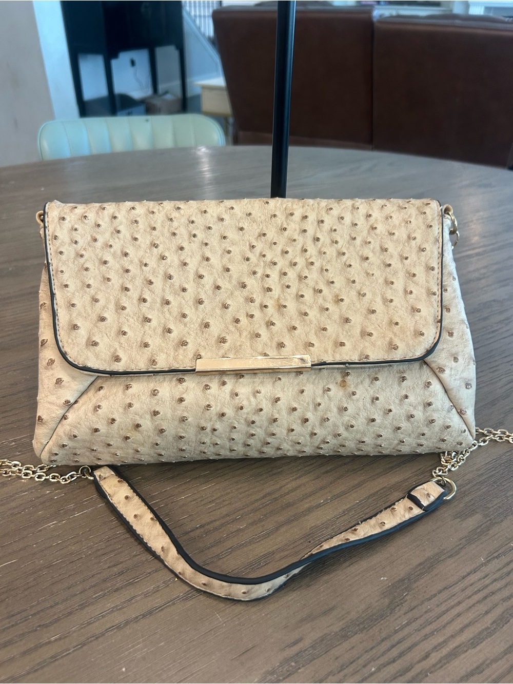 Cream Ostrich Embossed Chain Shoulder Crossbody Bag Gold Tone